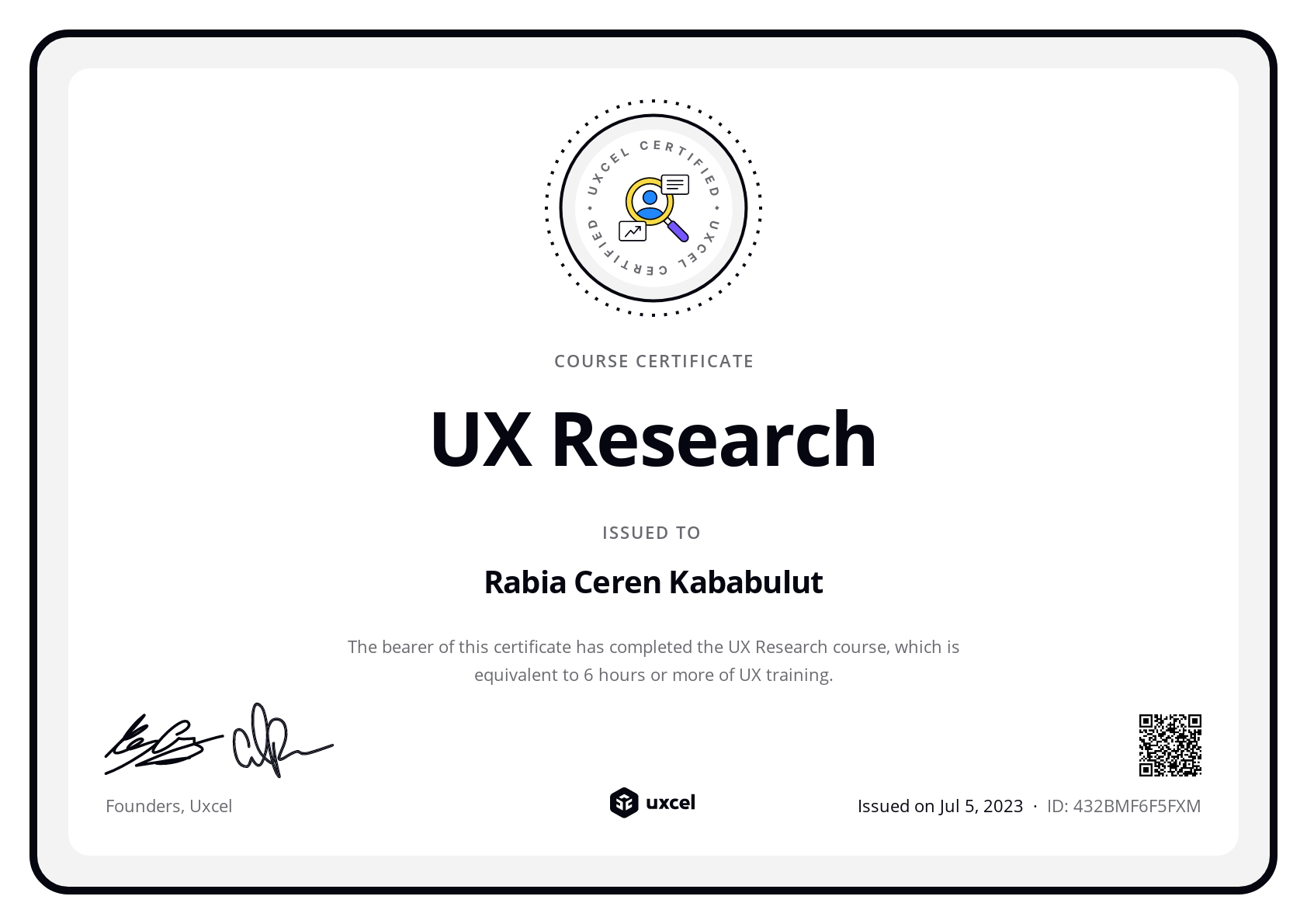 Rabia Ceren Kababulut's certificate